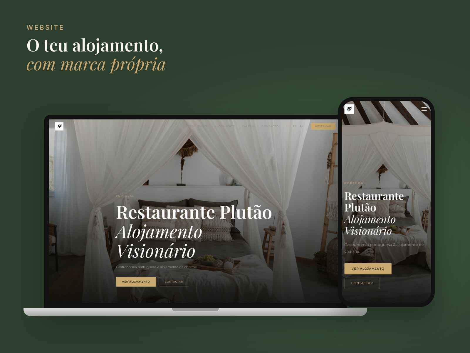 Site de alojamento com marca própria, em computador e telemóvel